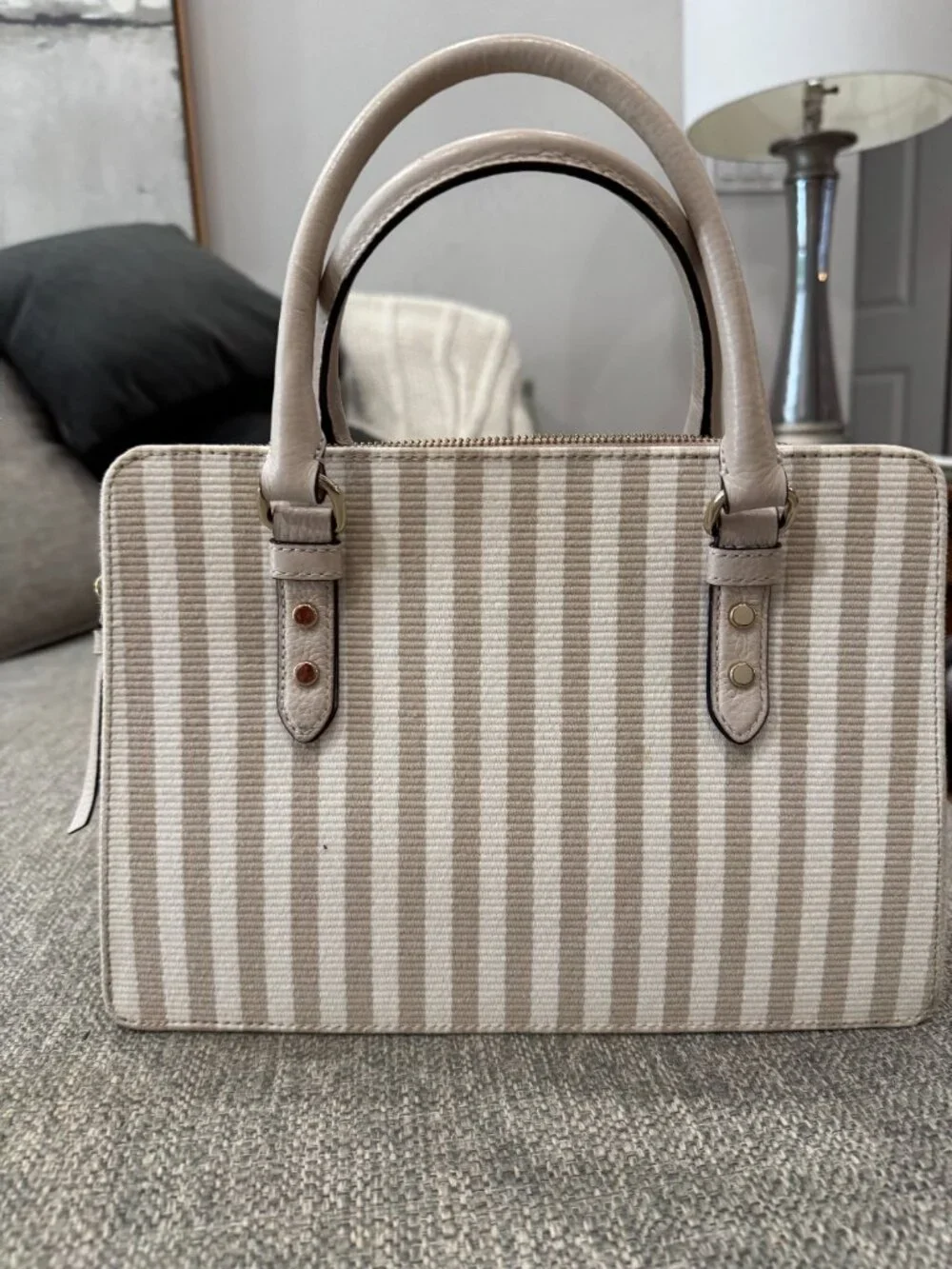 Kate Spade Lise Mulberry Satchel Beige Stripe Canvas Leather Top Handle Bag